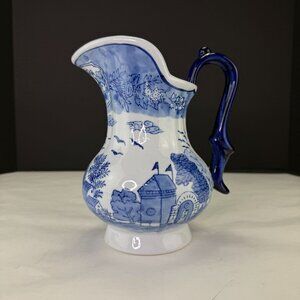 Vintage Blue White Asian Design Porcelain Pitcher Vase